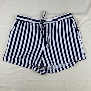 Women's Navy and White Striped Athletic Drawstring Shorts